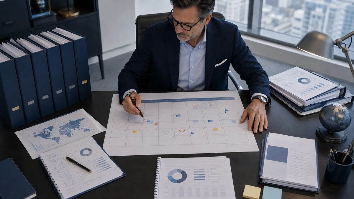 Responsable financiero revisando un calendario de cumplimiento fiscal multipaís