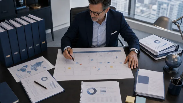 Responsable financiero revisando un calendario de cumplimiento fiscal multipaís