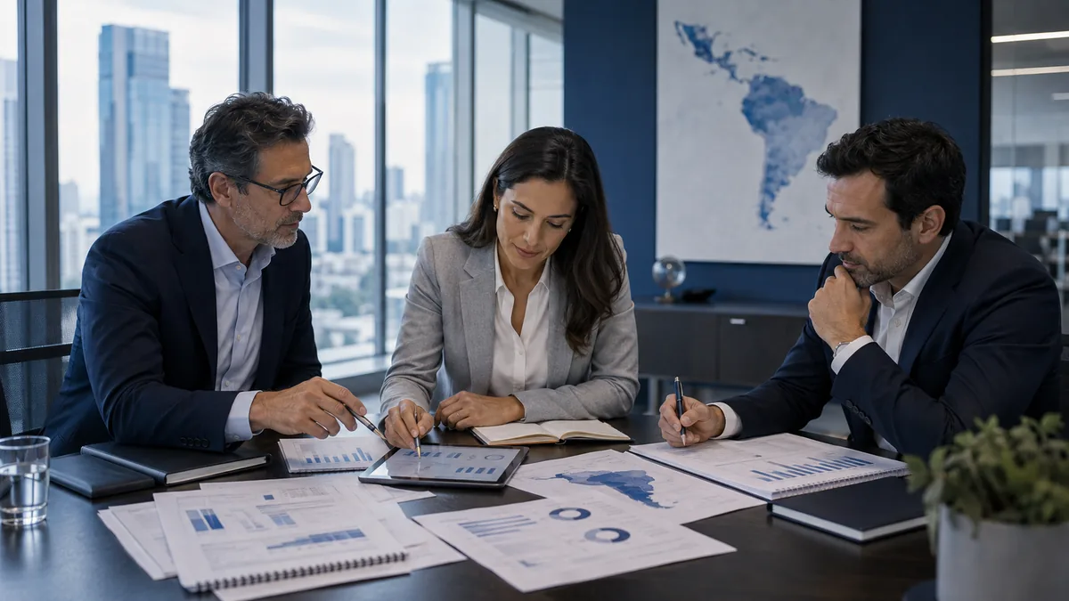 Equipo financiero coordinando la contabilidad de varias subsidiarias en Latinoamérica