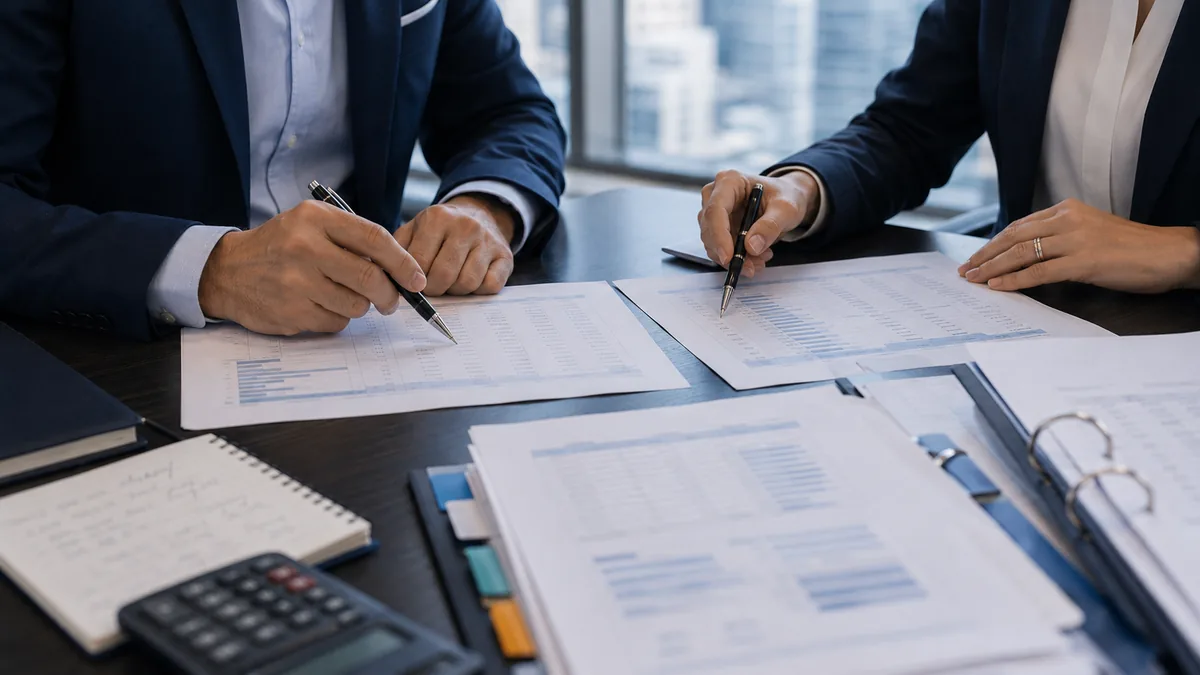 Finance professionals reconciling intercompany balances between related entities
