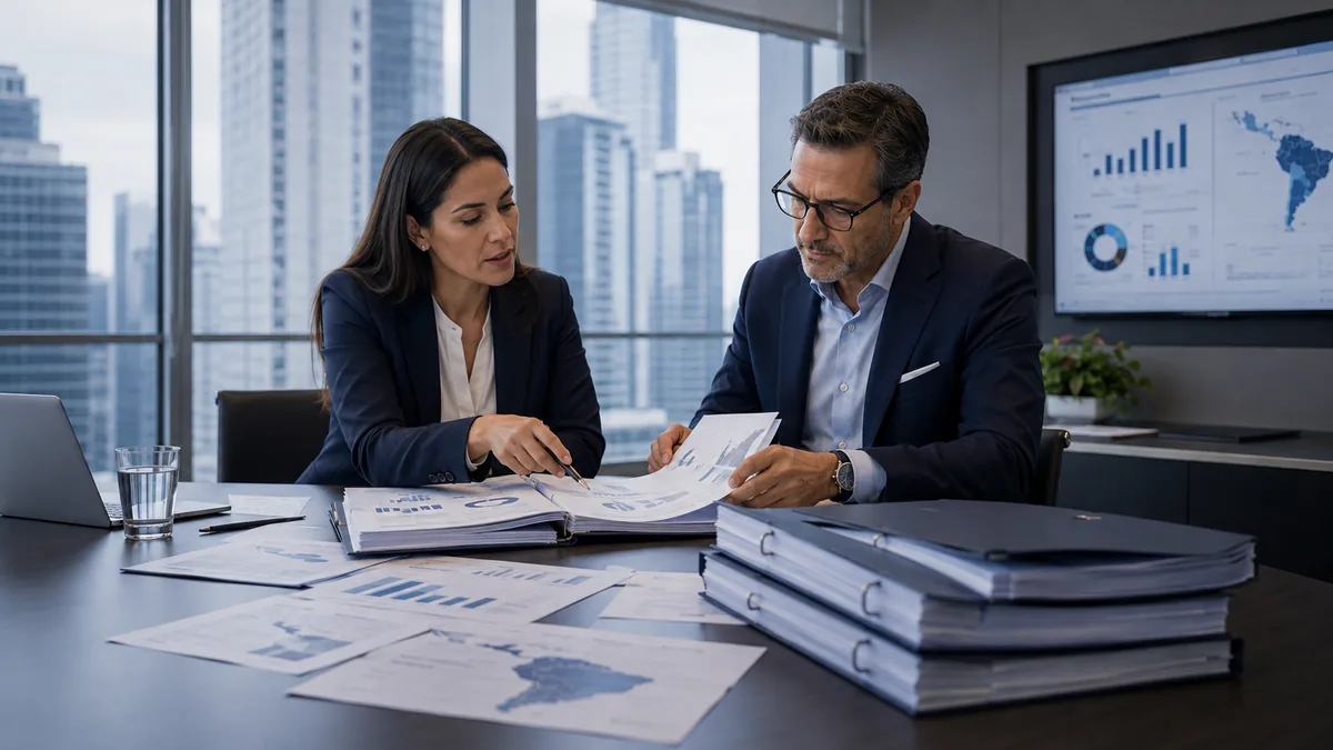 Equipo financiero revisando un paquete de reporting regional para la sede central