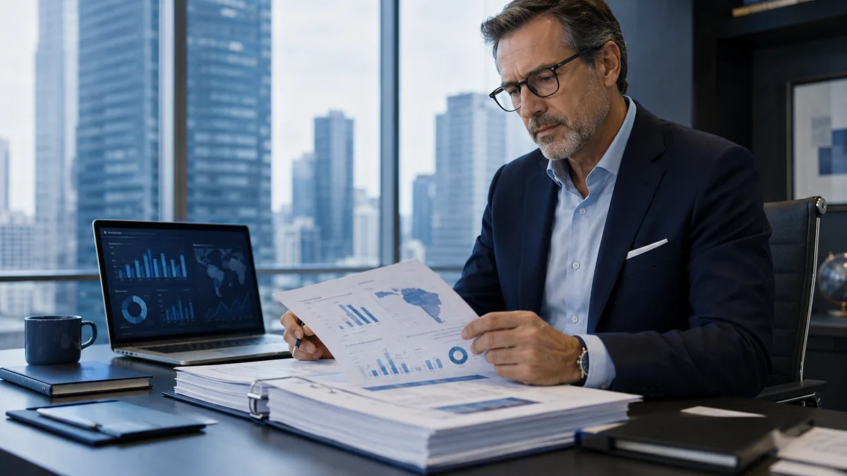 Finance executive reviewing a consolidated Latin America reporting package for headquarters
