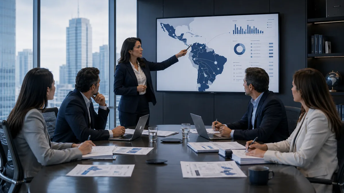 Equipo de sede central coordinando un modelo financiero para múltiples subsidiarias latinoamericanas